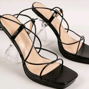 Laceup sculptural clear heel sandle